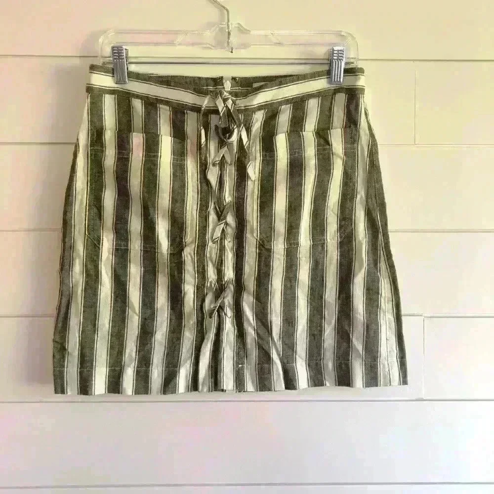 Madewell Linen/Cotton Gray & White Stripe Laced Up Mini Skirt Size 4